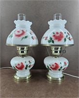 2 Vtg Hand Painted Floral Milk Glass Lamps