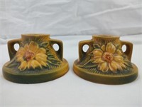 Roseville Yellow Peony Candlestick Holders