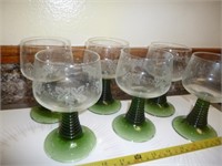 Set of 6 Mid Century Green Stem Art Glass