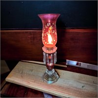 2 Hurricane lamps with cranberry etched globes