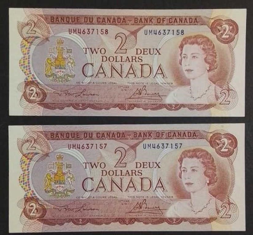 Two Consec. 1954 Canada Unc. $2 Banknotes