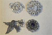 Costume Jewelry 4 Brooches 1 Tray