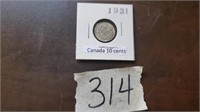 1931 Canada ten cent coin