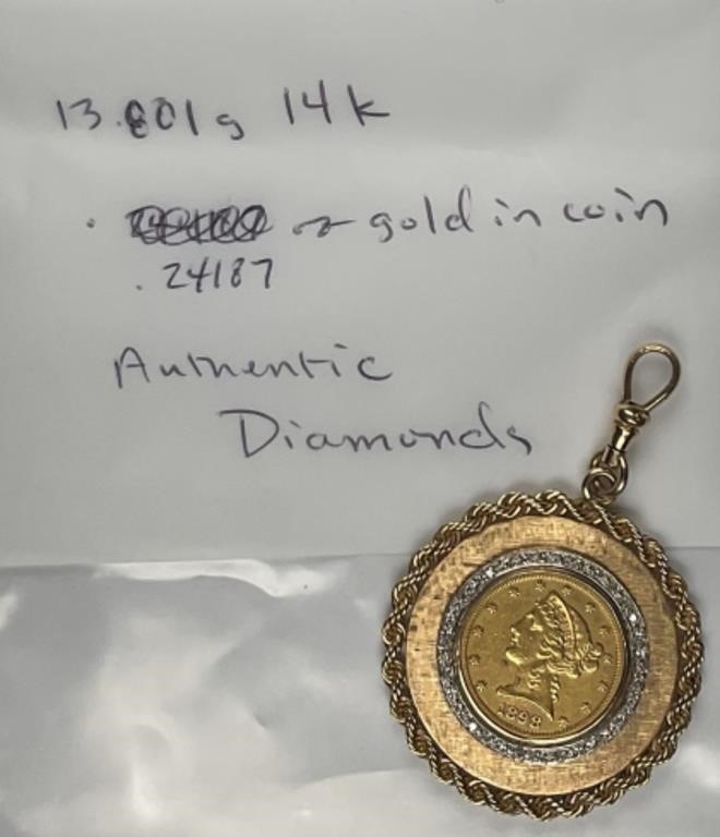 1898-S Gold $5 Liberty Head Pendant