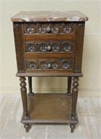 French Breton Marble Top Oak Side Cabinet.