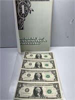Uncut Sheet Of 4 $1 Bills