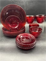 (23) Red Glass Dishes: 8 Dinner 10in