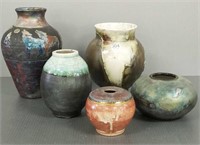 5 Raku signed pottery vases - 10" tallest