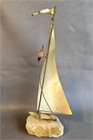 Metal Sailboat Sculpture on Stone Base- Signed