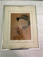 VINTAGE FRAMED "MAN EATING FRUIT" ARTIST SIGNED