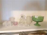 BRODY CO GREEN GLASS COMPOTE, CANDLE HOLDERS, OIL