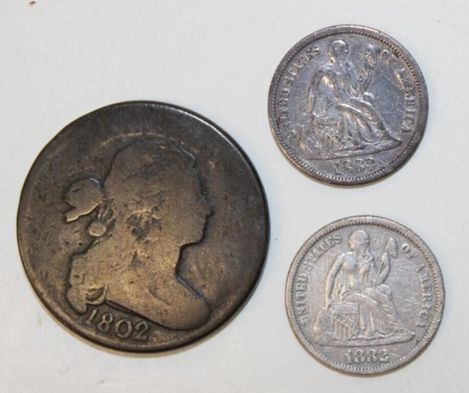 3pc 1882 & 83 Seated Liberty Dime, 1802 Large Cent