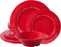 LEHAHA Red Dishes Set  Stoneware Look  12pcs