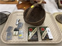Contemporary Woven Basket, Tobacco Tins, Lighters
