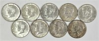 Nine 1964 U.S. Kennedy Silver Half Dollars