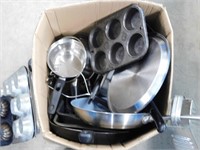 BOX LOT - MUFFIN TINS, GRATER, FRYING PANS
