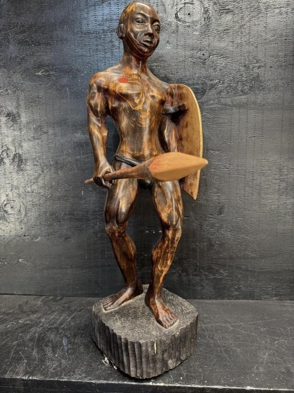 WOOD CARVED AFRICAN FIGURE WITH SPEAR