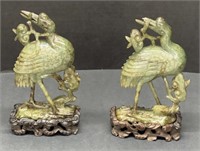 (E) Pair Of Jade Crane Statuettes With Wood Bases