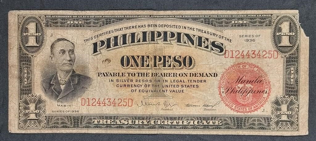 1936  Philippines 1 Peso Red Seal  Treasury cert.