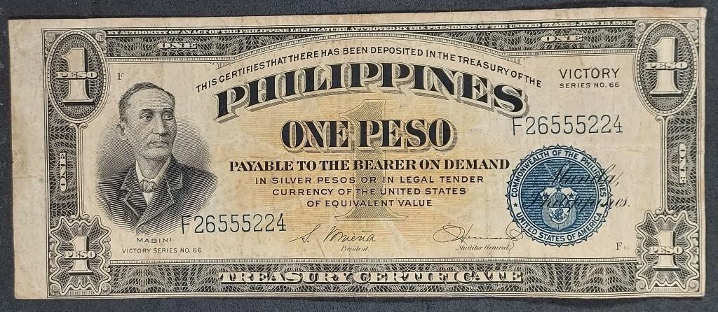 Series 66 WWII Victory  Philippines $1 note  ink