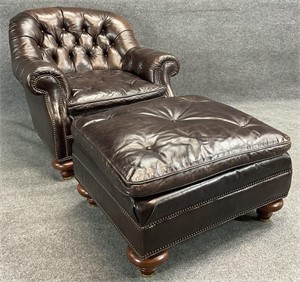 Baker Leather Club Chair & Ottoman