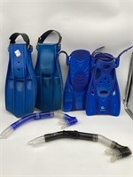 TWO SETS OF SWIMMING FLIPPERS AND SNORKELS