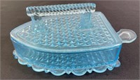 Blue Pressed Glass Flat Iron Butter Dish
