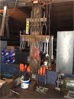 ASSORTED TOOLS, HANGING ABOVE BENCH