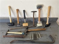 Mixed lot of hammers, punches, and prybar
