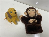 Vintage Wind up Dog & Monkey W/Baby Puppet