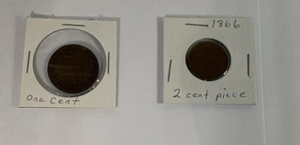 Lot of 2 Large Cent Coins 1 cent 2 Cent 1847 1866