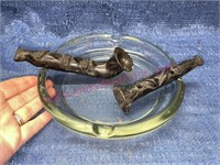 (2) Antique pipes & glass ashtray
