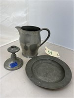 3 pcs-Pewter Pitcher Bowl & Candle Holder