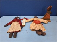 Three Black Americana Dolls W/ Wood Figure