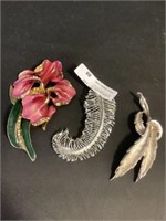 3 Coro vtg. brooches floral, feather, etc. 3"-3.5"