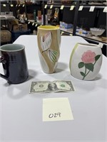 2 Decorative Vases & 1 Salt Glaze Coffee Mug