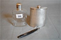 (2) Flasks, Straight Razor & Glass/Wood Tray