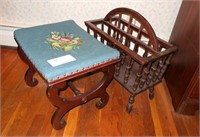 Lot, mahogany and needlepoint stool and magazine