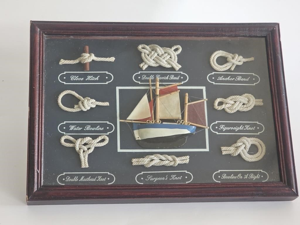 VTG NAUTICAL KNOTS IN DISPLAY CASE WITH SHIP