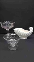 2 GLASS PEDESTAL DISHES + ENGLISH BOWL