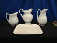 3 Ironstone Pitchers and Tray