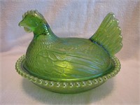 Vtg Indiana Green Carnival Glass Hen On Nest