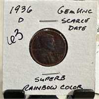 1936-D WHEAT PENNY CENT UNC RAINBOW TONED