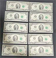 10 $2 US Bills in Sequence From 1976
