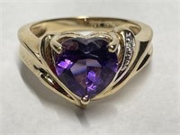 10 kt Gold Heart Shaped Amethyst and 1 Diamond