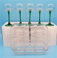 5 Green Stem Wine Glasses, Candlewick Tray, Fantas