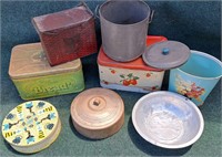 ASSORTED METALWARE LOT BREAD BOX CANS BOWLS BOX