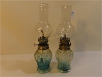 Pr of Miniature Pattern Glass Oil Lamps