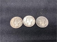 Three 1925 Mercury Dimes