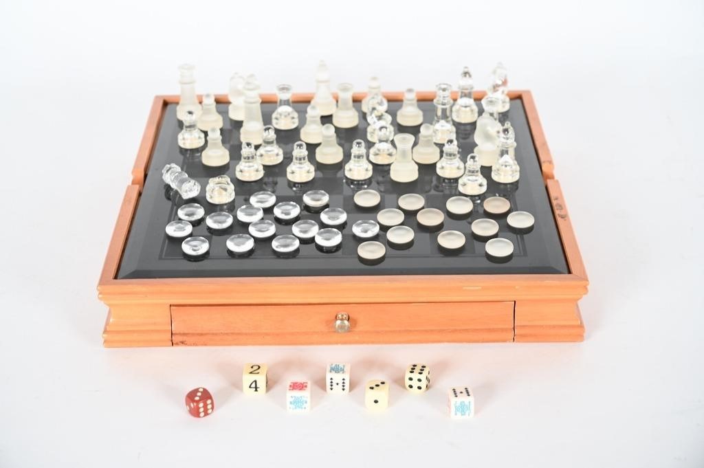Vintage Glass Top Chess/Backgammon Board